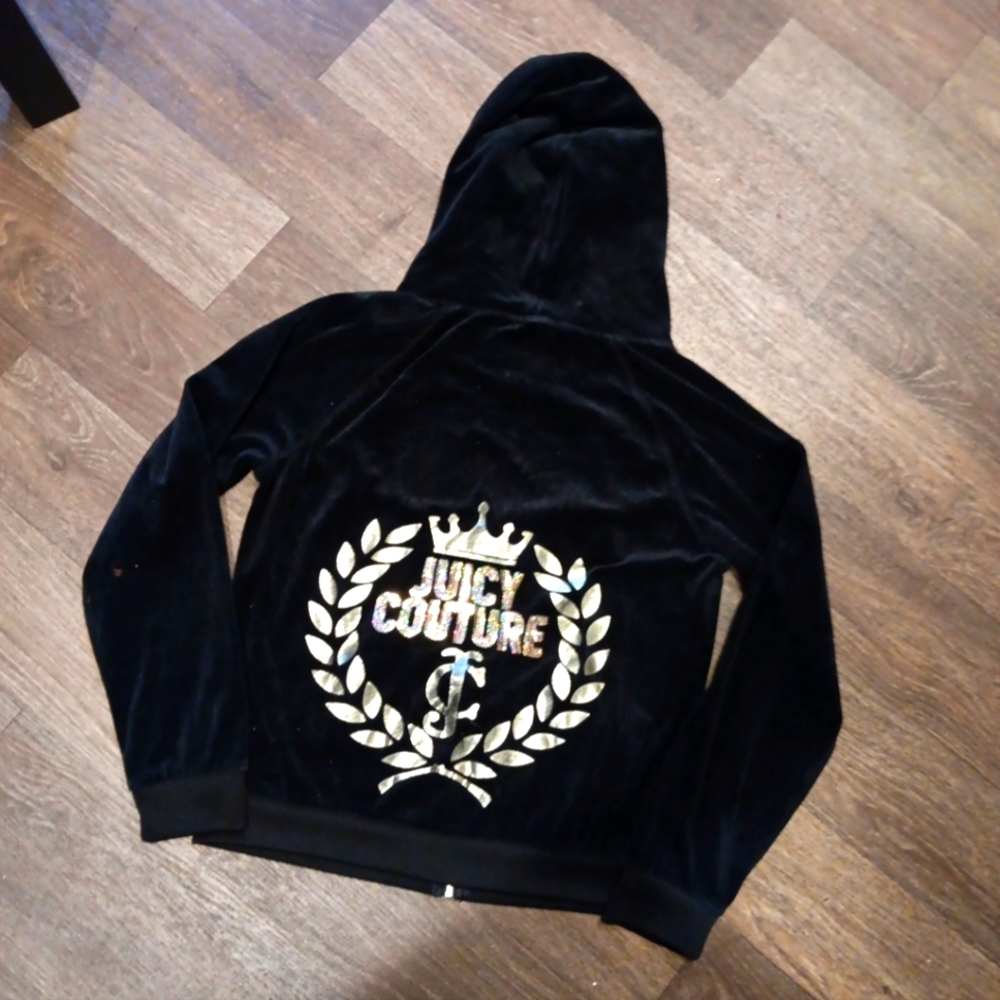 Juicy Couture Black Velour Hoodie with Gold Crest